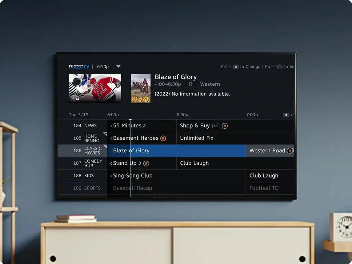 DIRECTV menu displaying channels on a television screen